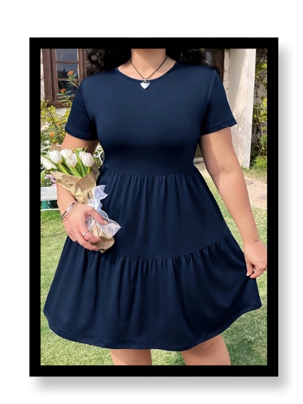 🆕 Women’s Plus Size Blue Waist-High Tiered Midi Dress